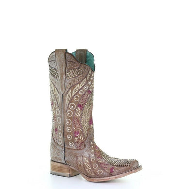 Women's Corral Taupe Flowered Embroidery & Crystal Studs Boots E1520