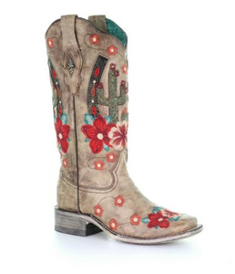 Womens Corral Taupe Cactus Overlay & Flowered Embroidery Sq Toe Boots A3769