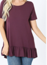 Short Sleeve Round Neck Ruffle Bottom Shirt- Eggplant (BB)