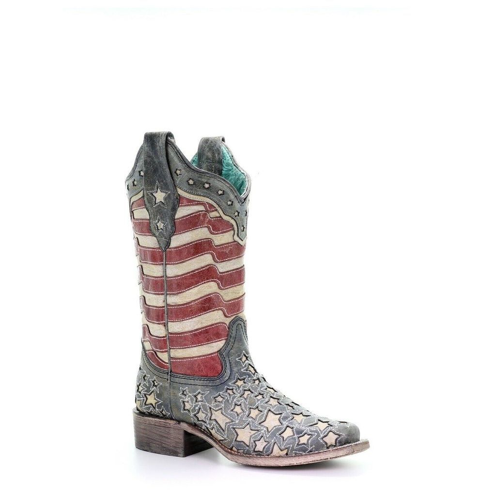 Women's Corral Blue Jean Stripes & Stars Inlay Sq Toe Boots A3758