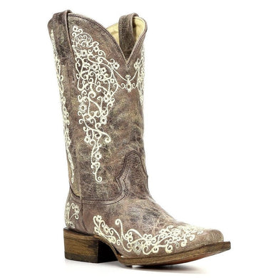 Women's Corral Brown Crater Bone Embroidery Square Toe Boot A2663