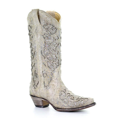 Women's Corral White Glitter Inlay/Crystals Snip Toe Boot A3322