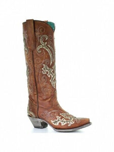 WOMENS CORRAL A3638 BROWN OVERLAY & EMBROIDERY & STUDS & CRYSTALS SNIP TOE