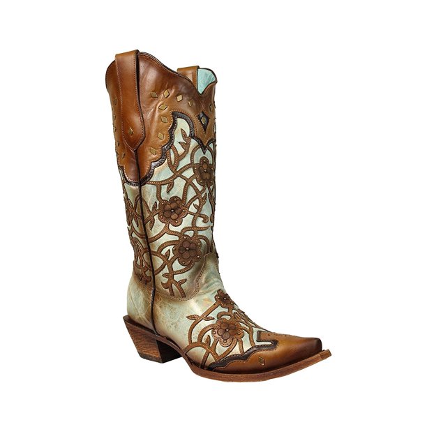 Women's Corral Flowers Overlay & Studded Mint/Maple Snip Toe Boot C3176