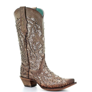 Women's Corral Brown Glitter Inlay & Studs Snip Toe Boot C3331