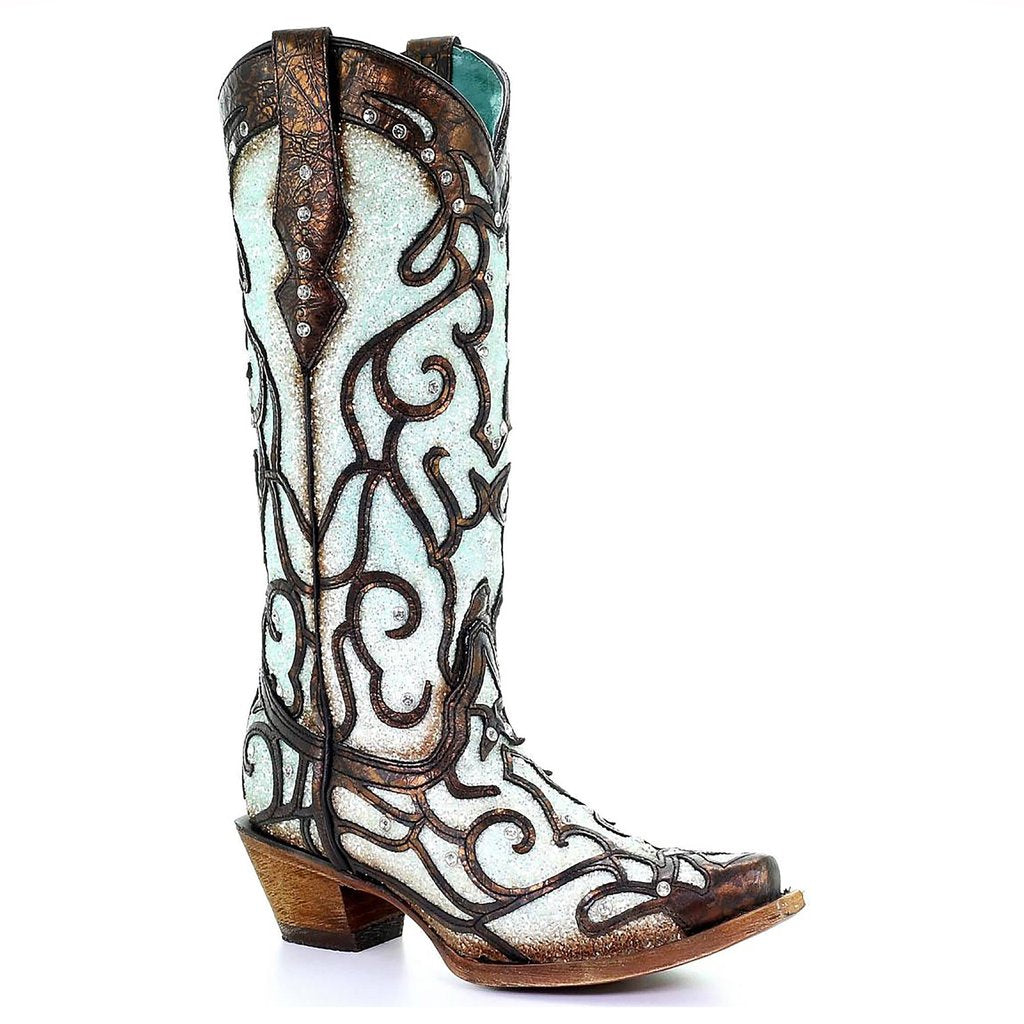 Women's Corral Sky Blue Inlay Emb Studs Snip Toe C3460