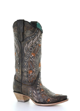WOMEN'S CORRAL BROWN FLOWERED EMBROIDERY & CRYSTAL STUDS BOOTS E1518