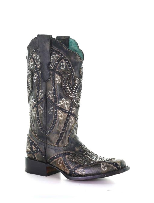 Corral Women's Horses Overlay & Studs Western Boot (Black-E1616)