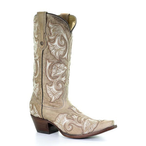 Women's Corral Western Beige White Embroidery Snip Toe Boots G1086