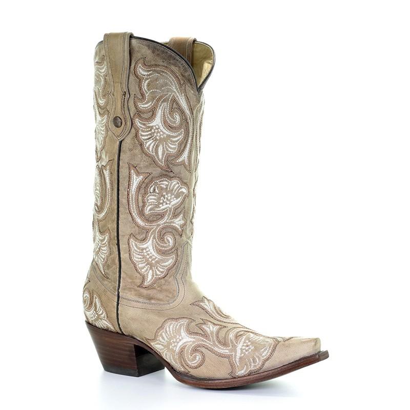 Women's Corral Western Beige White Embroidery Snip Toe Boots G1086