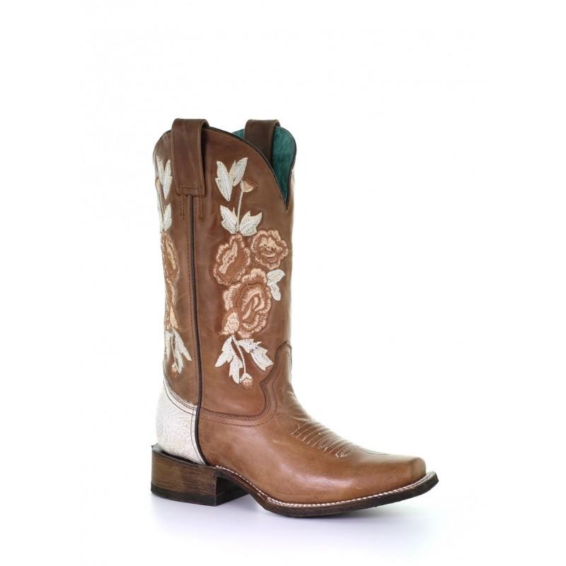 Womens Corral Honey/Bone Floral Emb Sq Toe Boot A3805