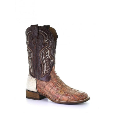 CORRAL MEN'S BROWN FUSCUS PATCH WORK CAIMAN SQUARE TOE WESTERN BOOTS A3826