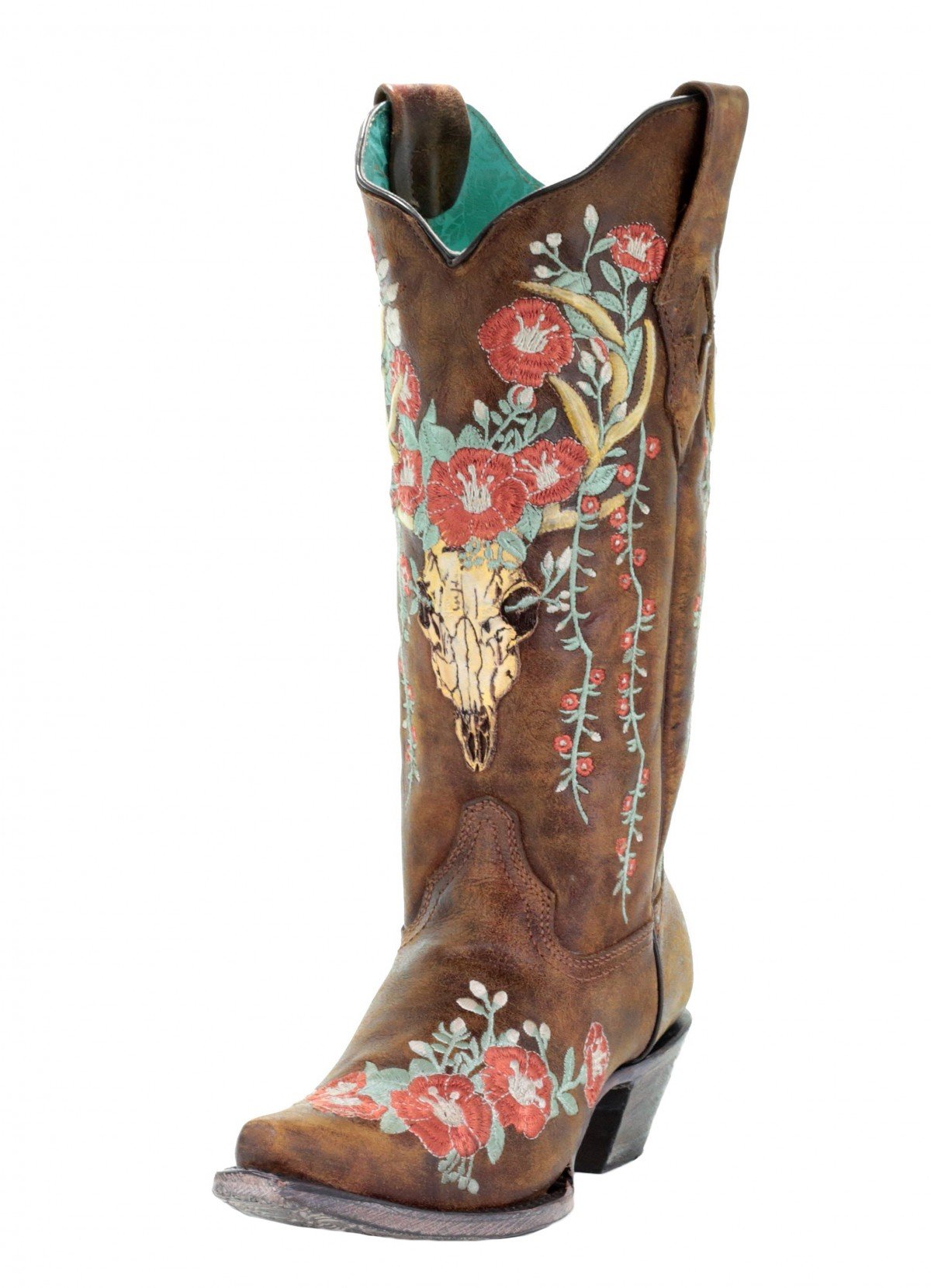 Women's Corral Tan Deer Skull Overlay and Floral Embroidered Boots