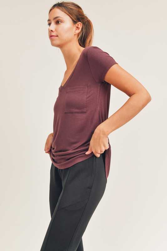 Short Sleeve V Neck Top With Pocket